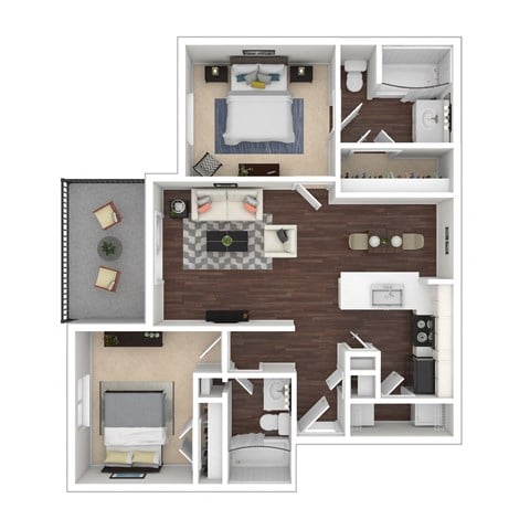 Floor plan for 2 beds, 2 baths, 991 sqft